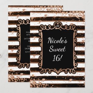 Black & White Stripes Rose Gold Flakes Invitation