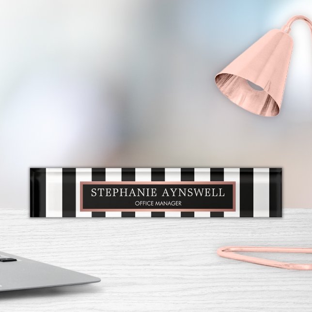 Black White Stripes Rose Gold Personalized Nameplate (Creator Uploaded)