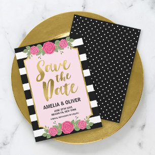 Black White Stripes Roses Wedding Save the Date