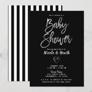 Black White Stripes Silver Chic Baby Shower    Invitation
