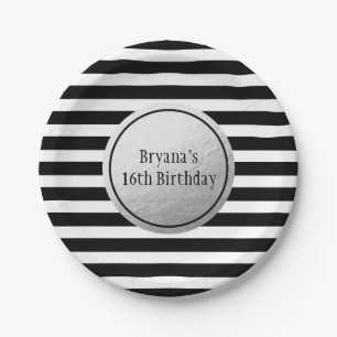 Black & White Stripes Silver Faux Foil Party Paper Plate