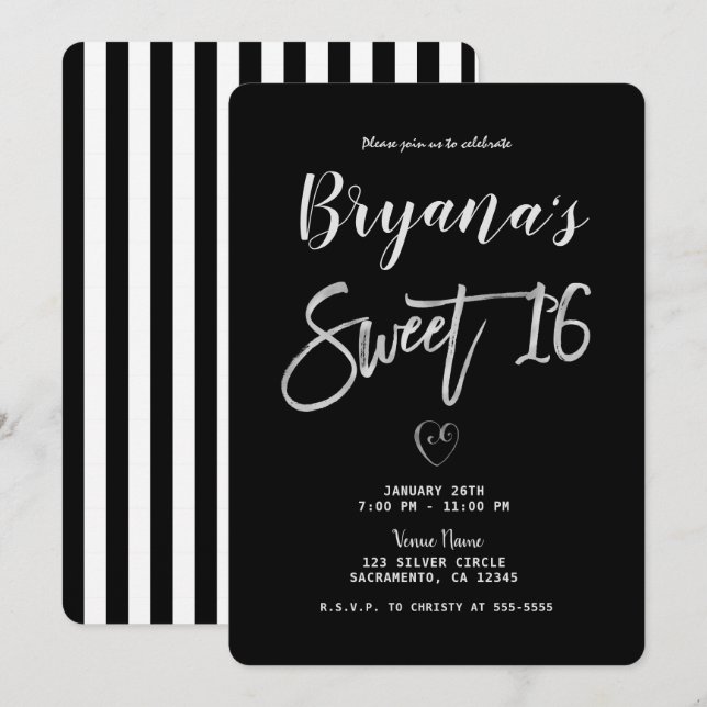 Black & White Stripes Silver Heart Chic Sweet 16   Invitation (Front/Back)