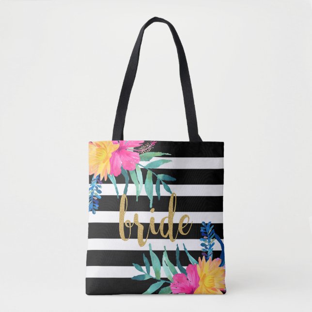 Black & White Stripes Tropical Flowers Bouquet Tote Bag (Front)