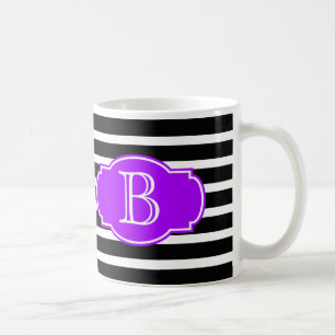 Black & White Stripes w/ Purple, add your initial Coffee Mug