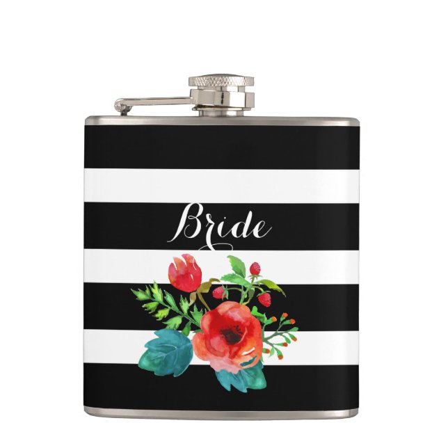 Black & White Stripes Water Colour Floral Accent Hip Flask (Front)