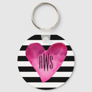 Black + White Stripes Watercolor Heart Monogram Keychain