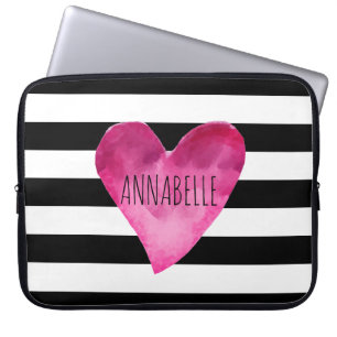 Black + White Stripes Watercolor Heart Monogram Laptop Sleeve