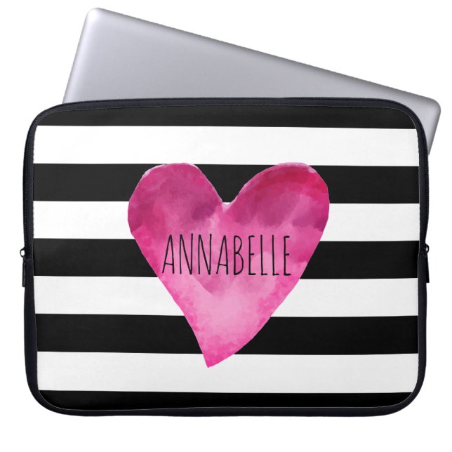 Black + White Stripes Watercolor Heart Monogram Laptop Sleeve (Front)