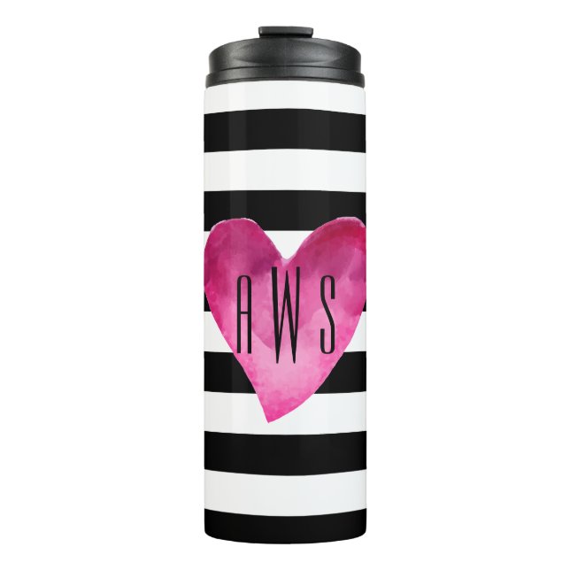 Black + White Stripes Watercolor Heart Monogram Thermal Tumbler (Front)