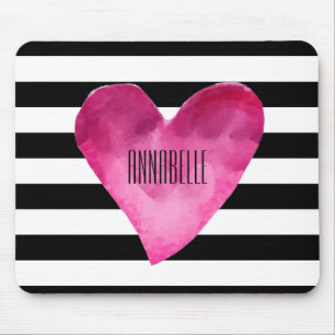 Black + White Stripes Watercolor PINK Heart NAME Mouse Pad