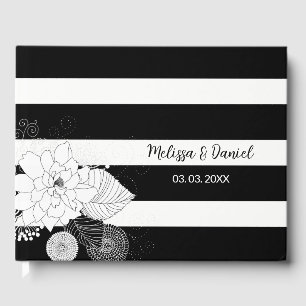 Black White Stripes White Flowers Guest Book