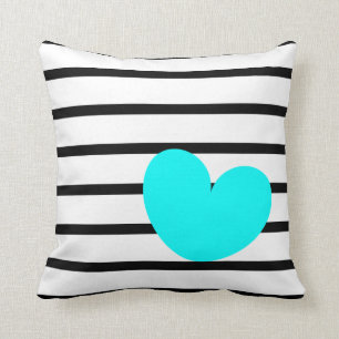 Black & White Stripes with Aqua Heart Throw Pillow