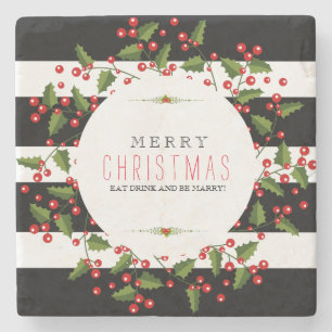 Black & White Stripes With Christmas Wreath Stone Coaster