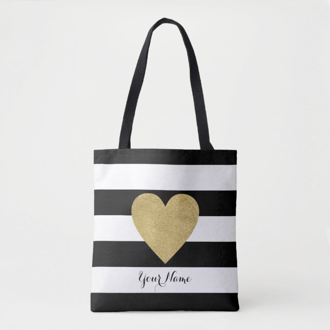 Black & White Stripes with Gold Foil Heart Tote Bag (Front)