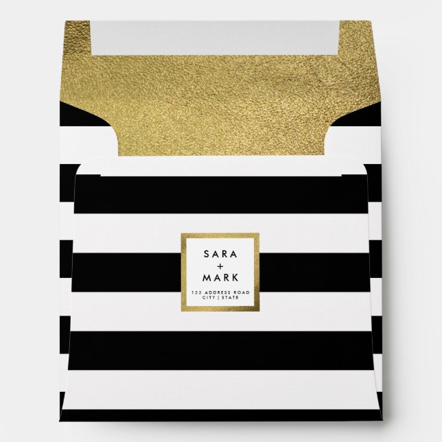 Black & White Stripes with Gold Foil Personalized Envelopes (Back (Bottom))