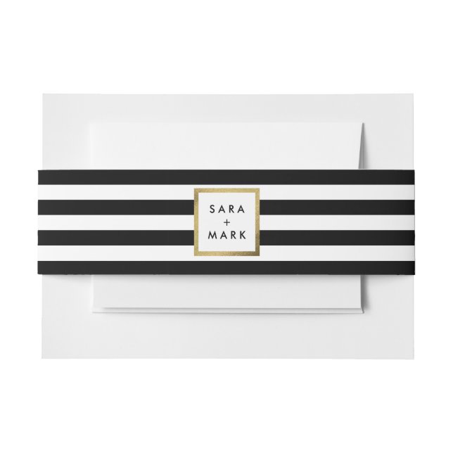 Black & White Stripes with Gold Frame Label Custom Invitation Belly Band (Front Example)