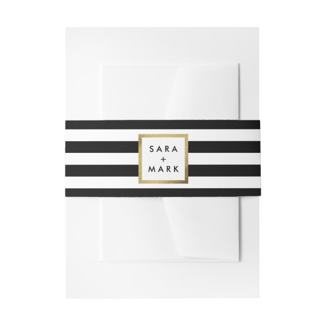 Black & White Stripes with Gold Frame Label Custom Invitation Belly Band (Front Example)