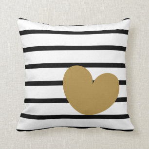 Black & White Stripes with Gold Heart Throw Pillow