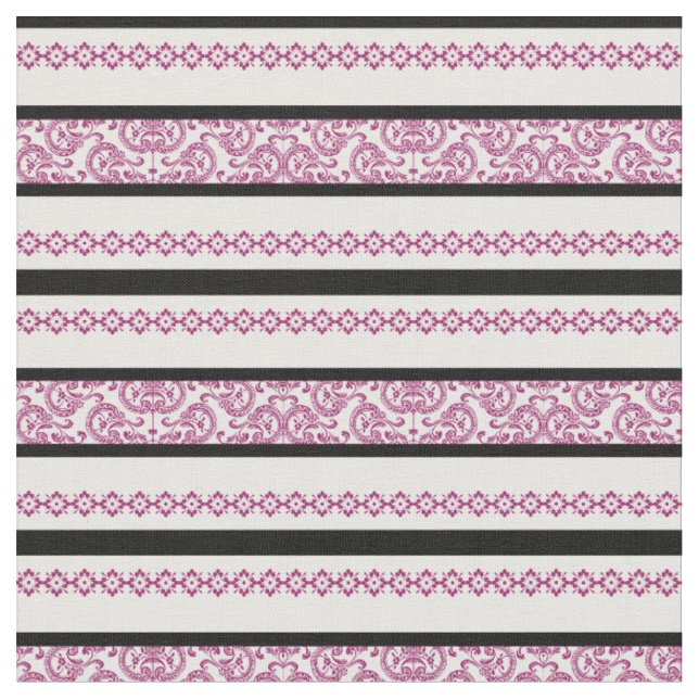 Black & White Stripes with Magenta Floral Pattern Fabric (Close Up)