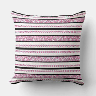 Black & White Stripes with Magenta Floral Pattern Throw Pillow