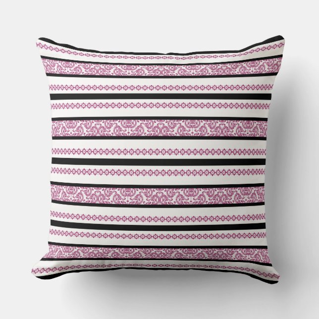 Black & White Stripes with Magenta Floral Pattern Throw Pillow (Front)