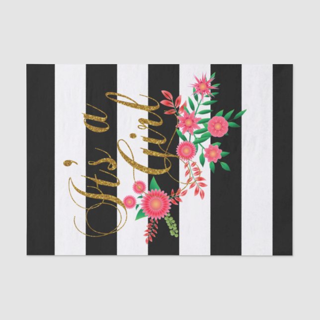 Black & White Stripes With Pink Floral | Baby Girl Tissue Paper (Front)
