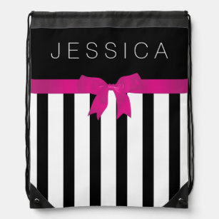 Black & White Stripes With Pink Ribbon Drawstring Bag