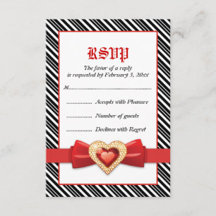 Black white stripes with red jewel wedding RSVP Card