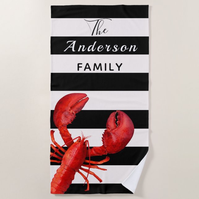 Black white stripes with red lobster family name beach towel (Front)