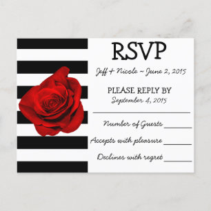Black & White Stripes with Red Rose Wedding RSVP Invitation Postcard