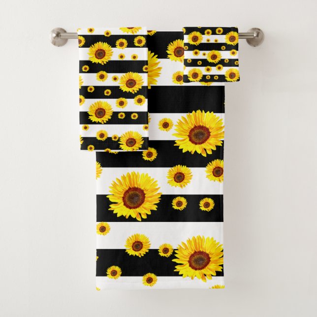 Black White Stripes With Sunflower Flower Bath Towel Set (Insitu)