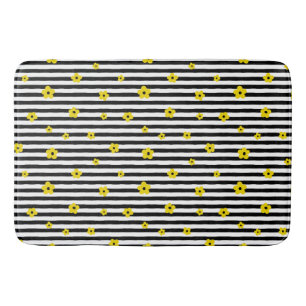 BLACK & WHITE STRIPES WITH TINY YELLOW FLOWERS BATH MAT