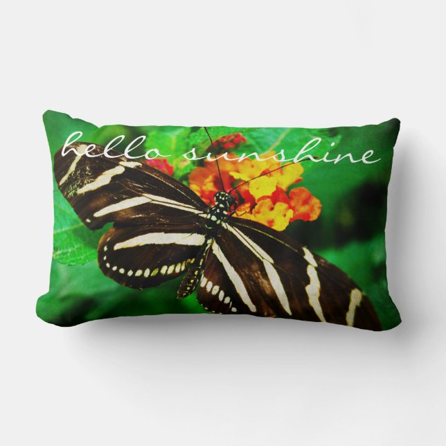 Black White Stripes Zebra Butterfly Hello Sunshine Lumbar Pillow (Front)