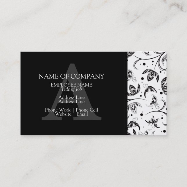 Black White Stylish Design Floral Damask Monogram Business Card (Front)