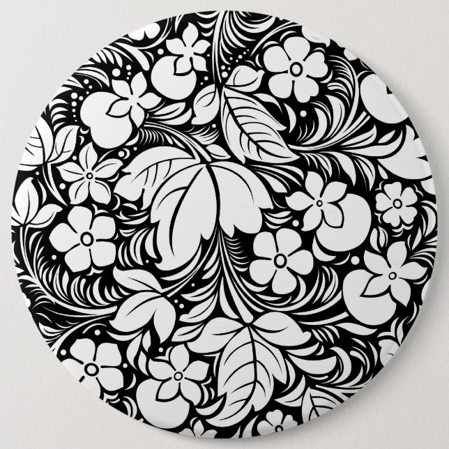 Black & White Stylized Floral Pattern 2 6 Inch Round Button (Front)