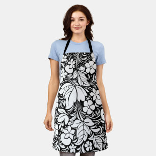 Black & White Stylized Floral Pattern 2 Apron