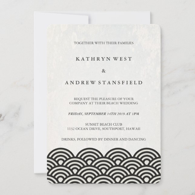 Black + White Stylized Waves Elegant Beach Wedding Invitation (Front)