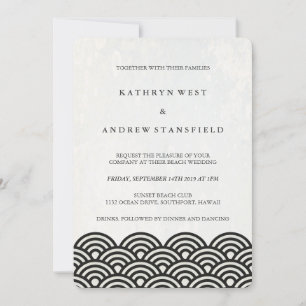 Black + White Stylized Waves Elegant Beach Wedding Invitation
