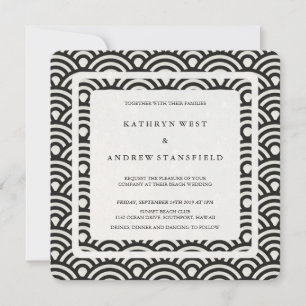 Black + White Stylized Waves Modern Beach Wedding Invitation