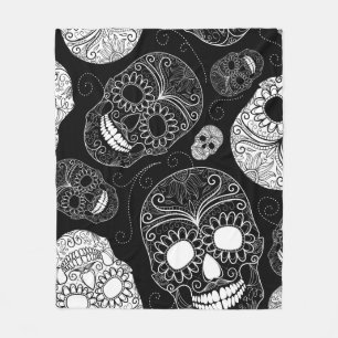 Black & White Sugar Skull Heads Fleece Blanket