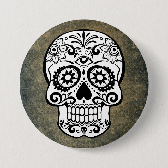 Black & White Sugar Skull Slate 3 Inch Round Button (Front)