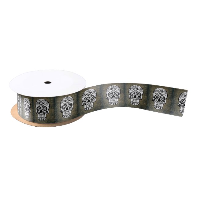 Black & White Sugar Skull Slate Satin Ribbon (Spool)
