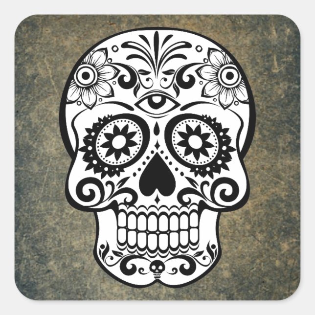 Black & White Sugar Skull Slate Square Sticker (Front)