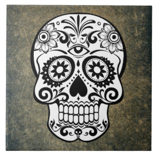 Black & White Sugar Skull Slate Tile