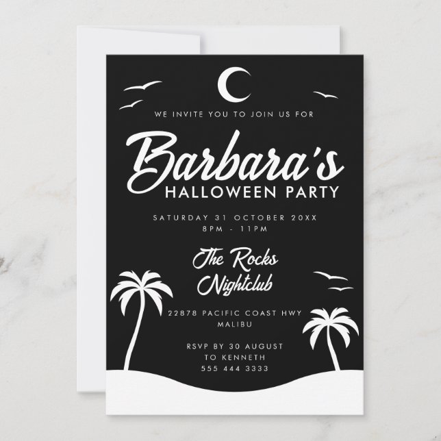 Black White Summer Night Beach Halloween Party Invitation (Front)