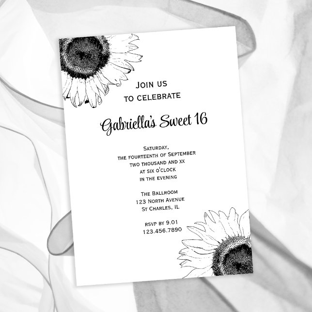 Black White Sunflowers Sweet 16 Birthday Invitation (Creator Uploaded)