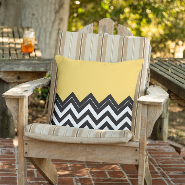 Black White Sunny Yellow Zigzag Chevron Pattern Outdoor Pillow (Chair)