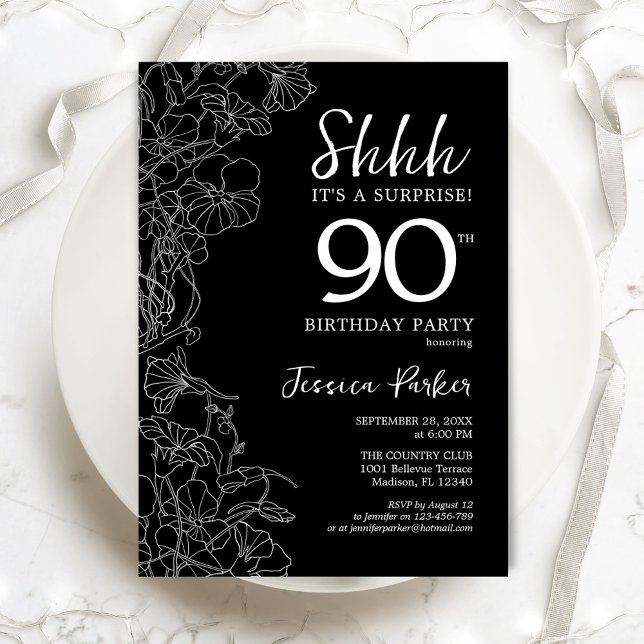 Black White Surprise 90th Birthday Invitation (Creator Uploaded)