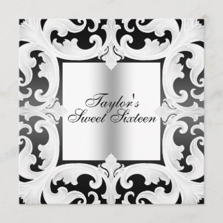 Black/White Sweet16 Damask Design Birthday Invite