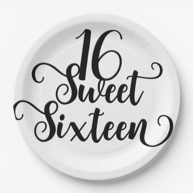 Black & White Sweet 16 Birthday Party  Paper Plate (Front)